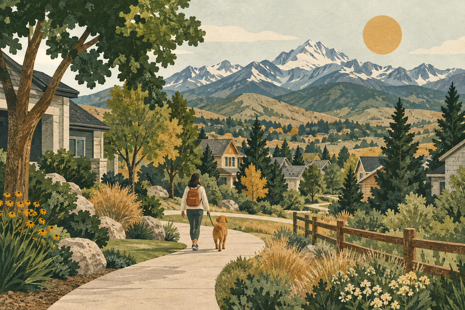Illustrated Colorado neighborhood path leading through trees and homes toward the mountains.