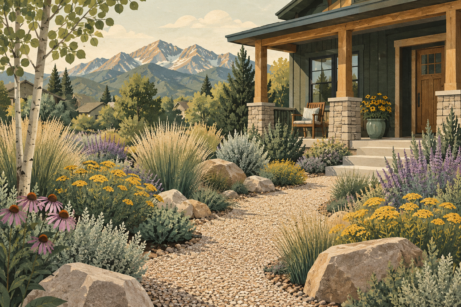 Gravel garden path with grasses and flowering plants.