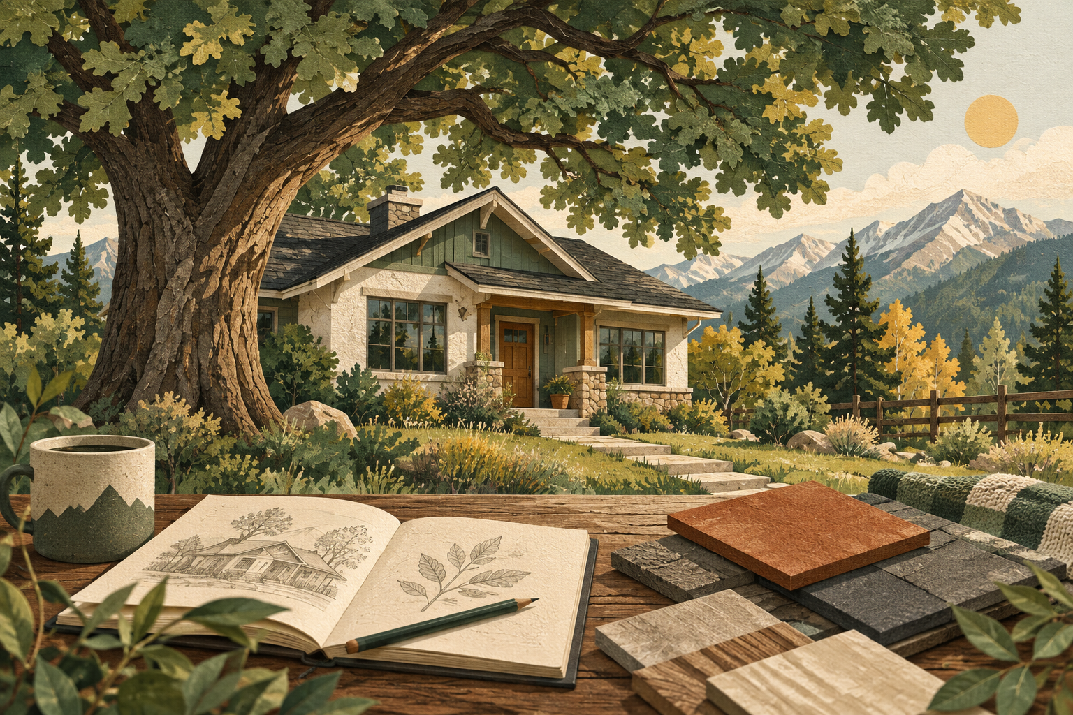 House beneath a tree beside roofing samples and a notebook.