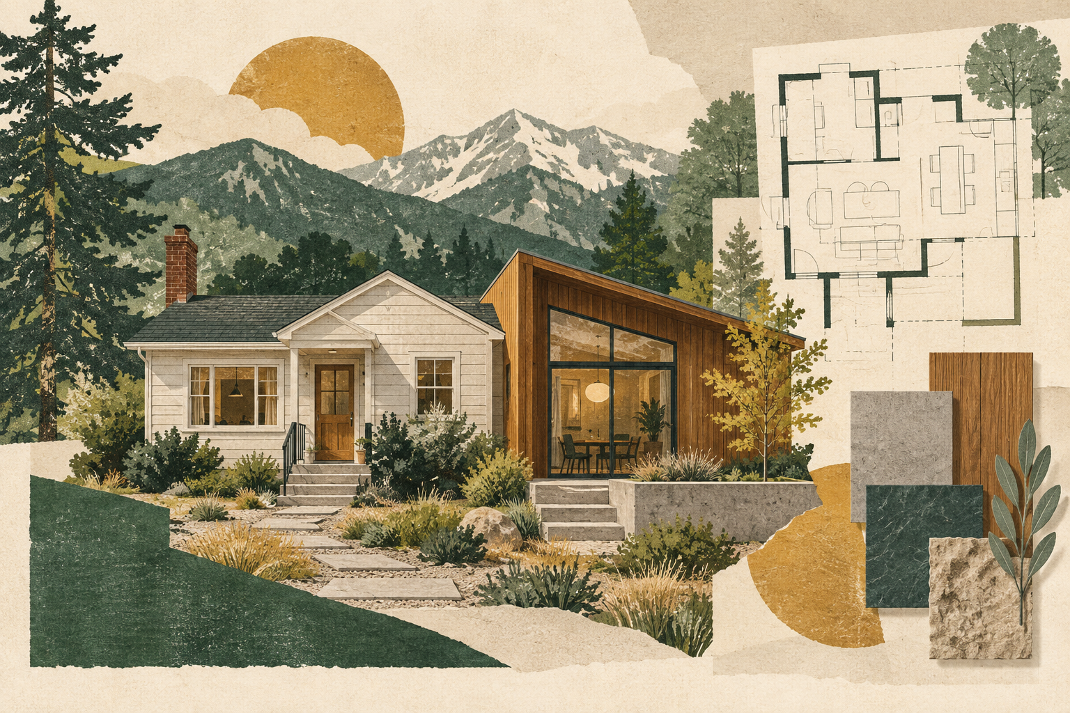 Textured editorial illustration of a home addition with architectural plans and material samples.