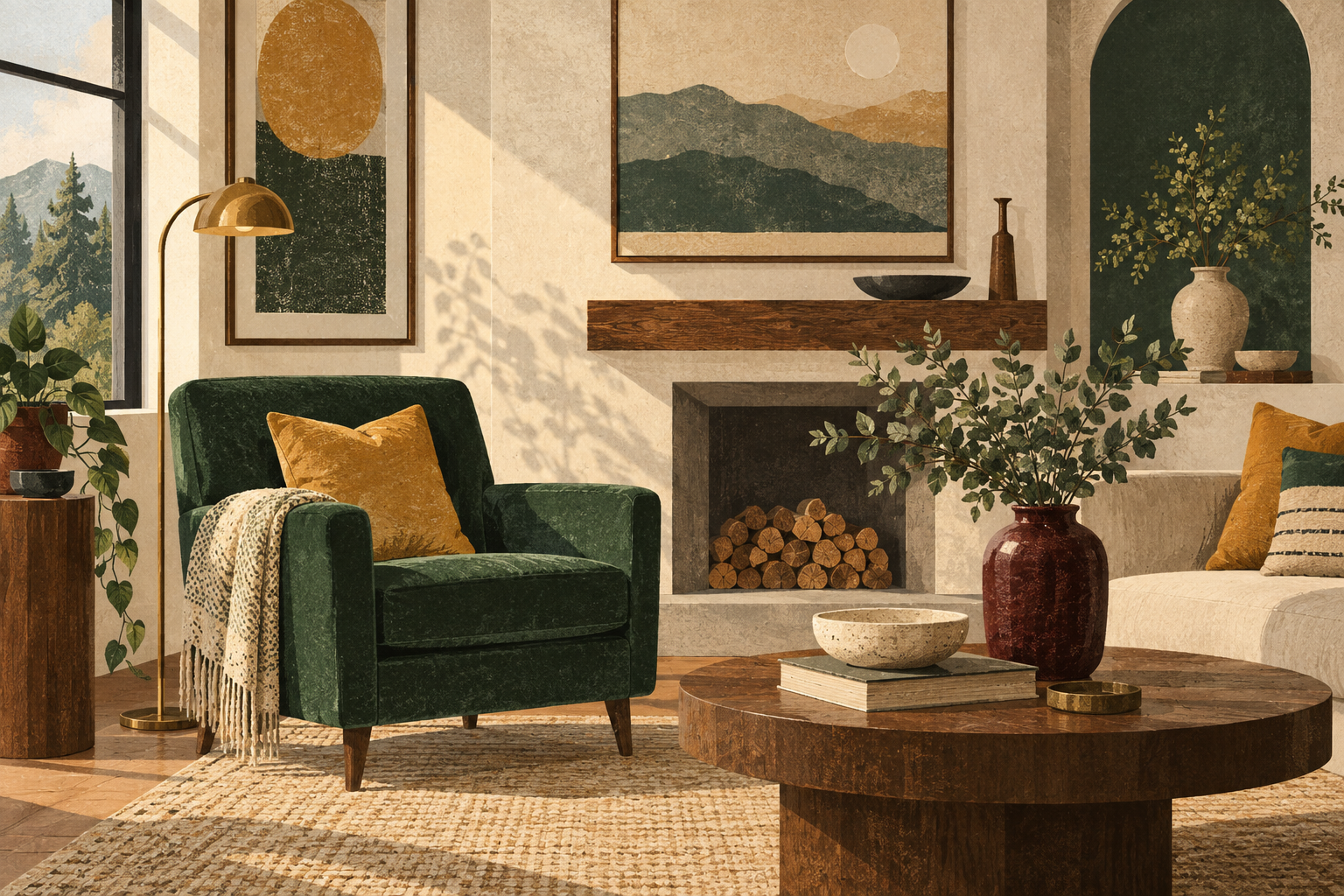 Forest green chair, ochre cushion, and burgundy vase in a neutral room.