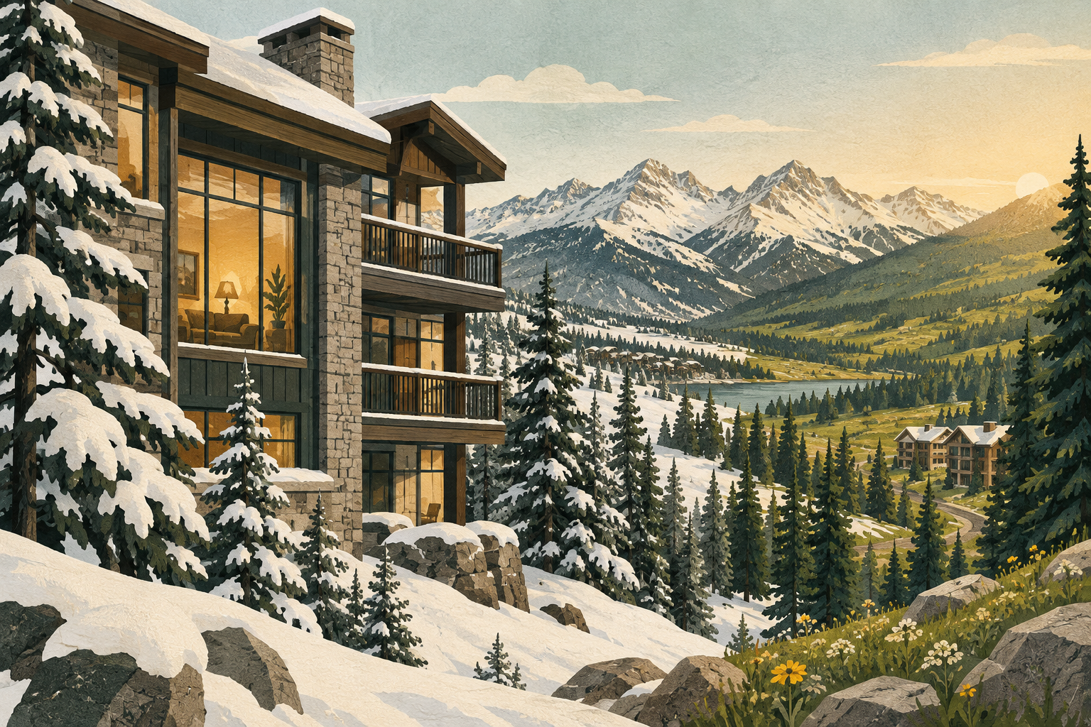 Alpine condo among pines and snowy mountains.