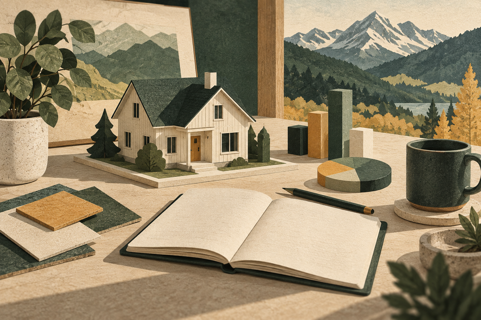 Editorial illustration of a house model beside an open planning notebook.