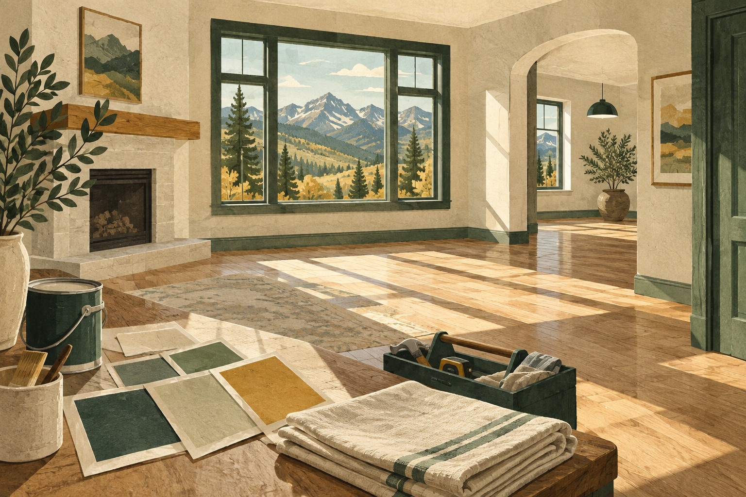 Sunlit room with paint samples and tools for preparing a home.